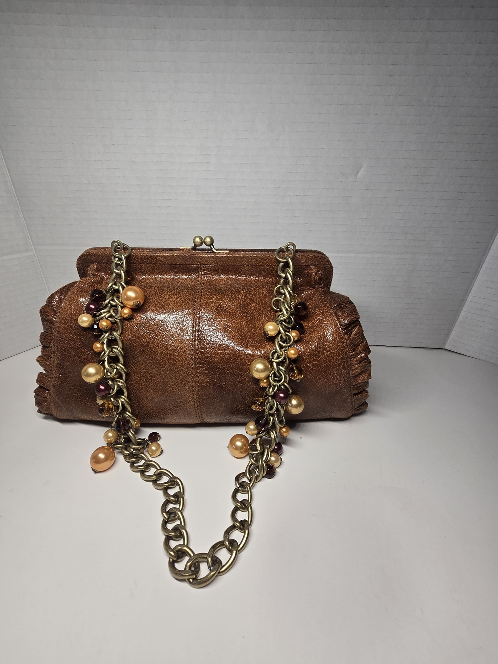 Kathy Van Zeeland Brown Chain-Handle Clutch with Bead Accents